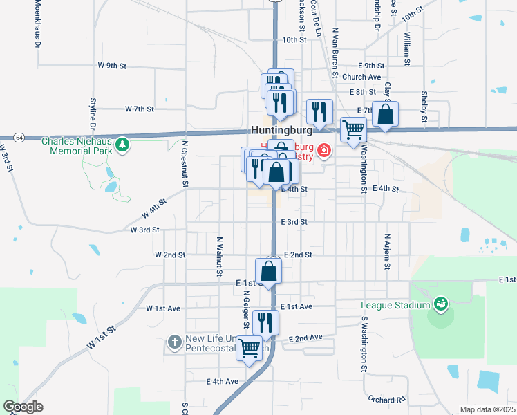map of restaurants, bars, coffee shops, grocery stores, and more near Market Street in Huntingburg