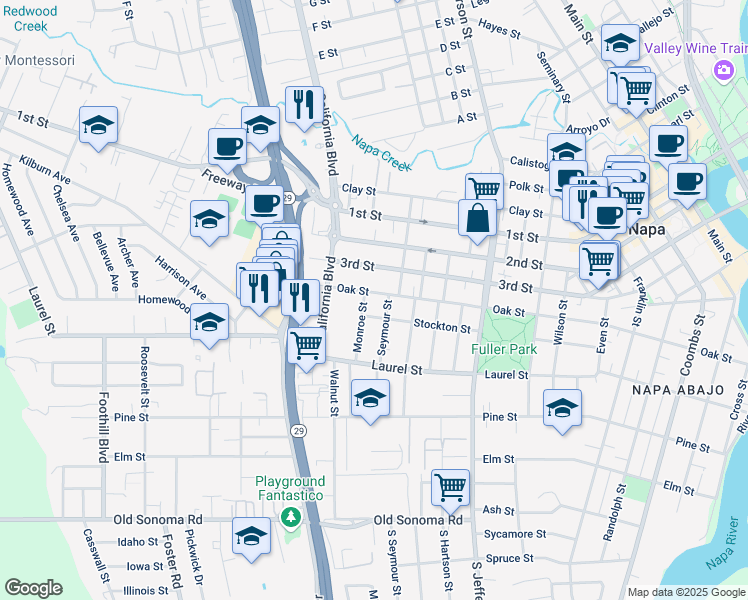 map of restaurants, bars, coffee shops, grocery stores, and more near 2231 Oak Street in Napa