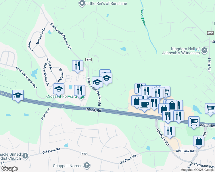 map of restaurants, bars, coffee shops, grocery stores, and more near 12301 Spotswood Furnace Road in Fredericksburg