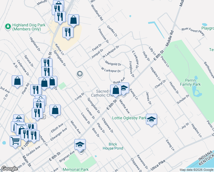 map of restaurants, bars, coffee shops, grocery stores, and more near 817 Lancelot Court in Jeffersonville