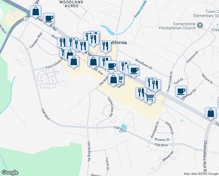 map of restaurants, bars, coffee shops, grocery stores, and more near 45315 Alton Lane in California