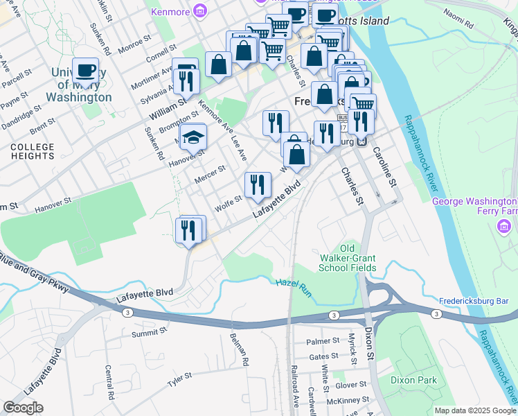 map of restaurants, bars, coffee shops, grocery stores, and more near 701 Lafayette Boulevard in Fredericksburg