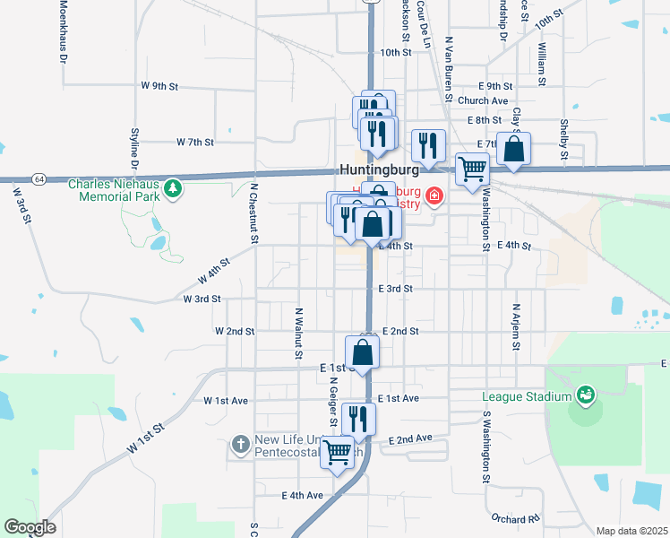 map of restaurants, bars, coffee shops, grocery stores, and more near 311 North Geiger Street in Huntingburg