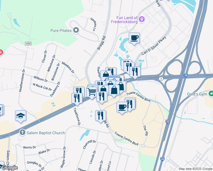 map of restaurants, bars, coffee shops, grocery stores, and more near 3303 Germanna Highway in Fredericksburg