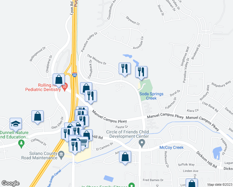map of restaurants, bars, coffee shops, grocery stores, and more near 787 Montecito Court in Fairfield