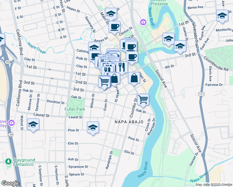map of restaurants, bars, coffee shops, grocery stores, and more near 1418 Division Street in Napa
