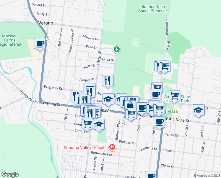 map of restaurants, bars, coffee shops, grocery stores, and more near 400 West Spain Street in Sonoma