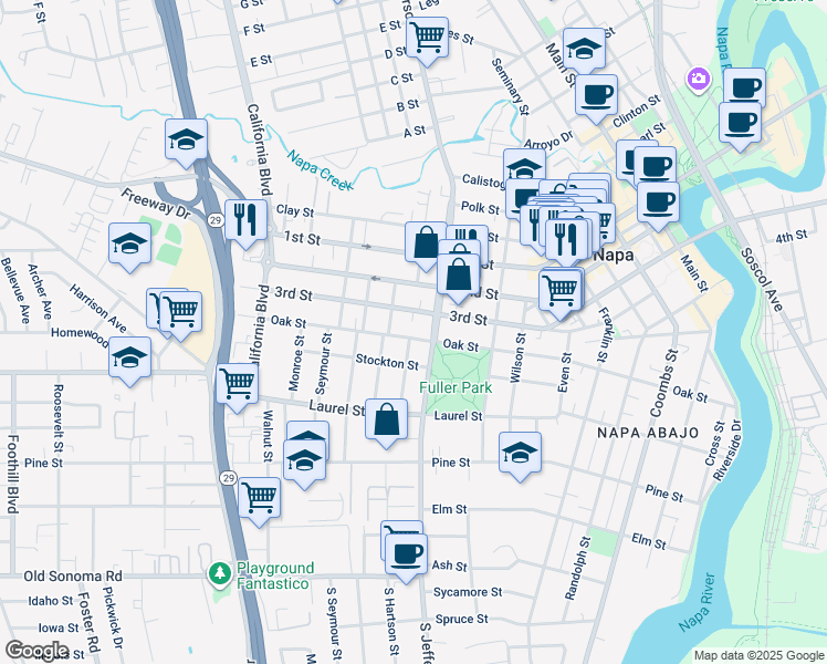 map of restaurants, bars, coffee shops, grocery stores, and more near 1903 Oak Street in Napa