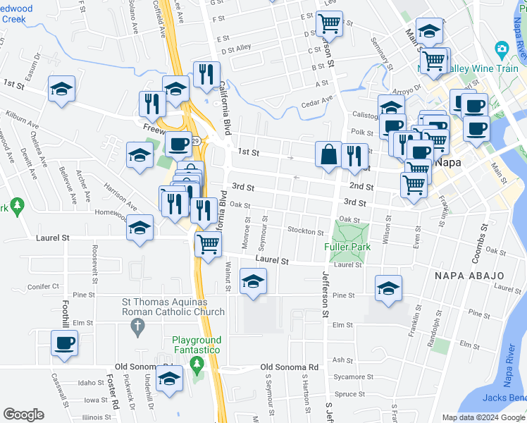 map of restaurants, bars, coffee shops, grocery stores, and more near 645 Seymour Street in Napa
