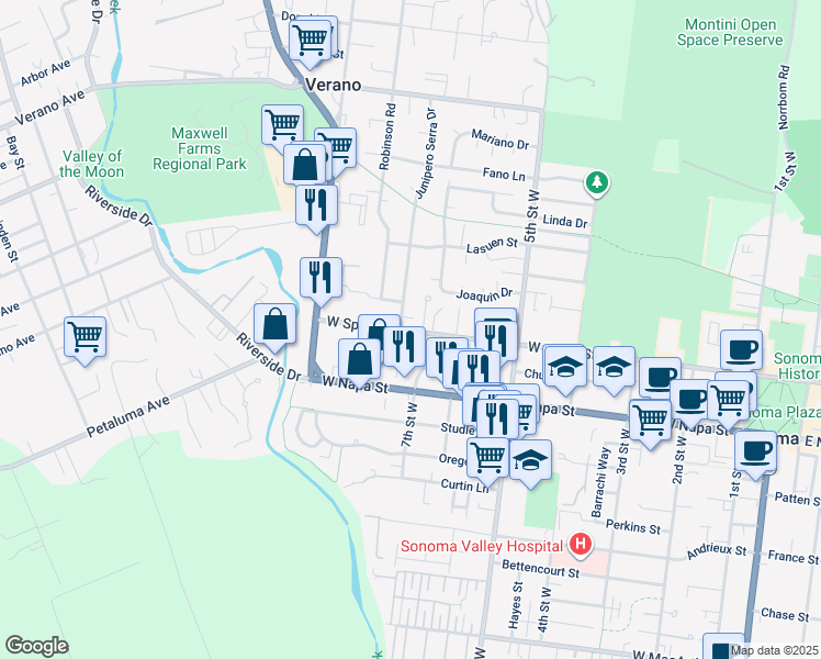 map of restaurants, bars, coffee shops, grocery stores, and more near 751 West Spain Street in Sonoma