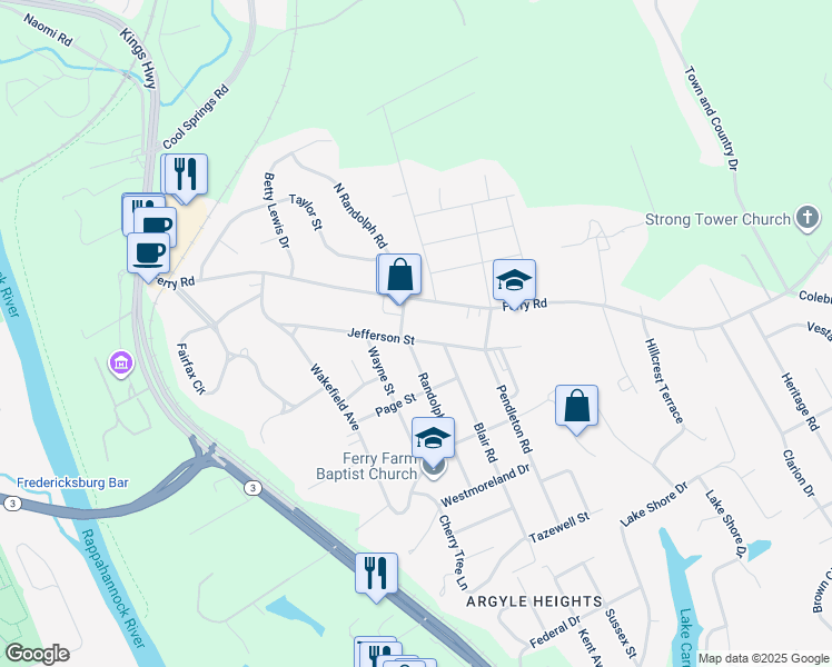 map of restaurants, bars, coffee shops, grocery stores, and more near 28 Jefferson Street in Fredericksburg