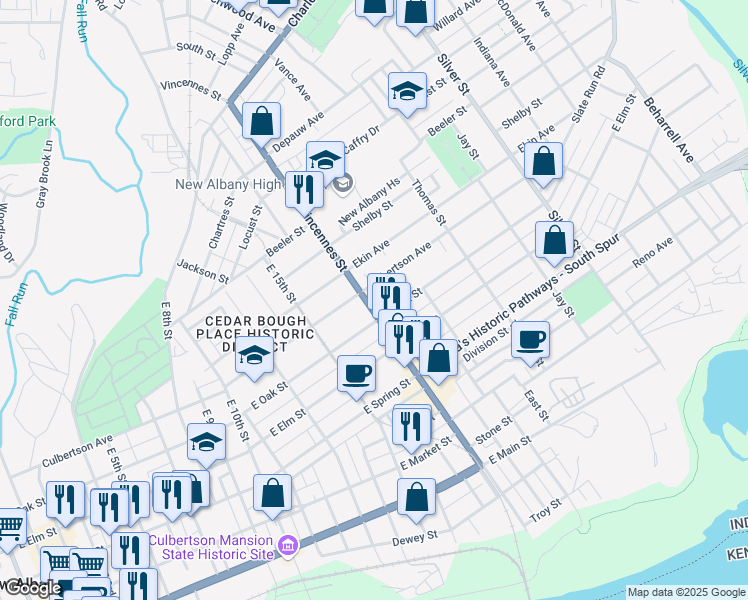map of restaurants, bars, coffee shops, grocery stores, and more near 610 Vincennes Street in New Albany