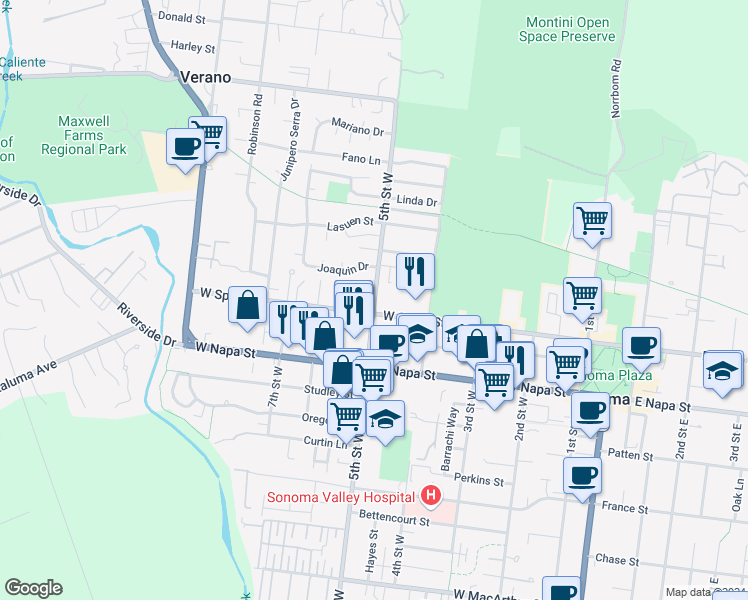 map of restaurants, bars, coffee shops, grocery stores, and more near 369 5th Street West in Sonoma