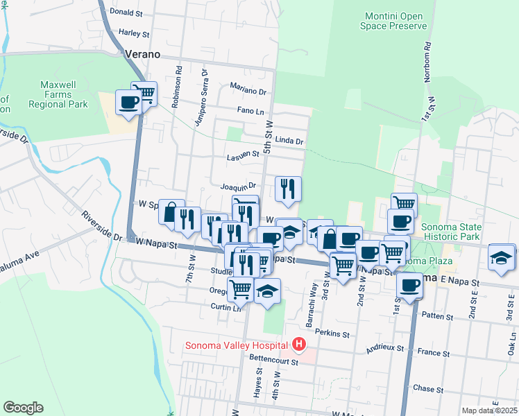 map of restaurants, bars, coffee shops, grocery stores, and more near 369 5th Street West in Sonoma