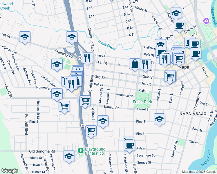 map of restaurants, bars, coffee shops, grocery stores, and more near 643 Seymour Street in Napa
