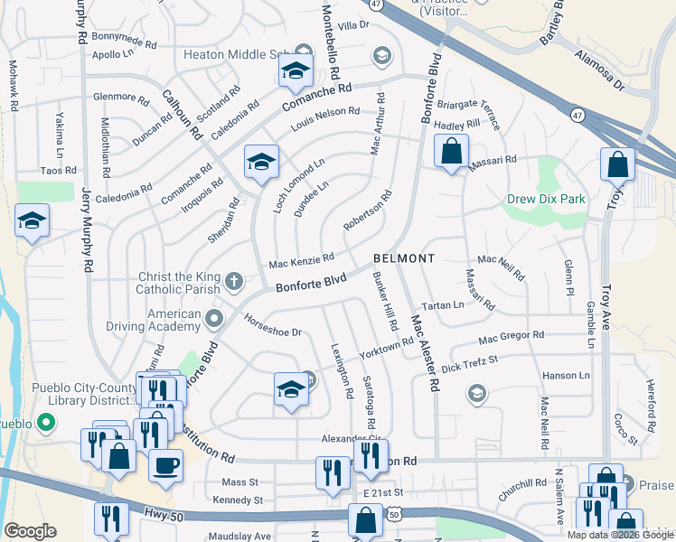 map of restaurants, bars, coffee shops, grocery stores, and more near 1747 Bonforte Boulevard in Pueblo