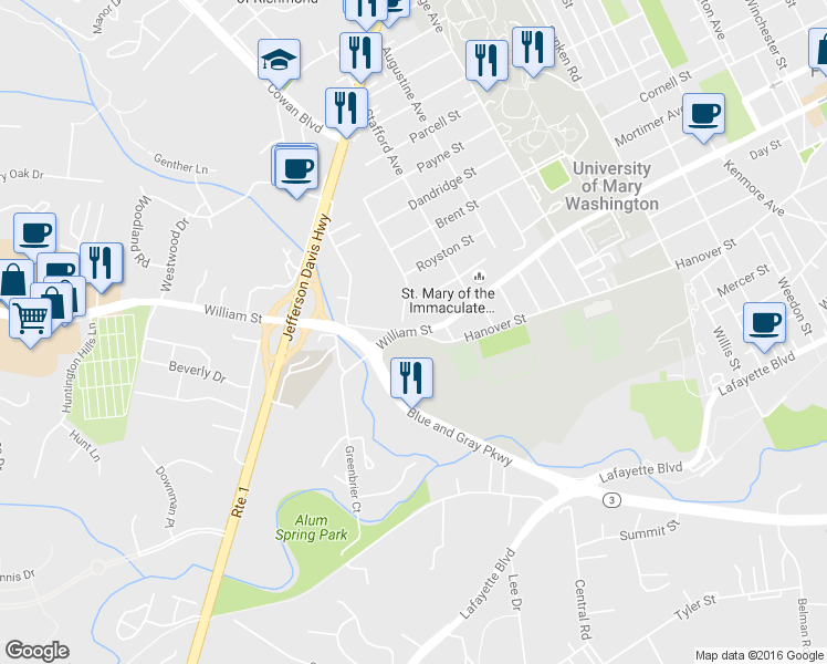 map of restaurants, bars, coffee shops, grocery stores, and more near 2804 Hanover Street in Fredericksburg