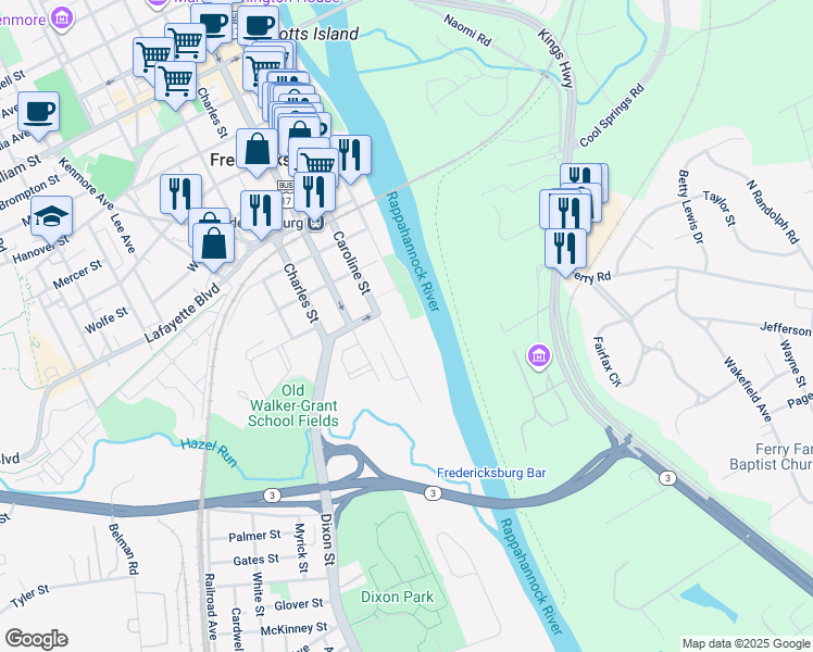 map of restaurants, bars, coffee shops, grocery stores, and more near 129 Caroline Street in Fredericksburg
