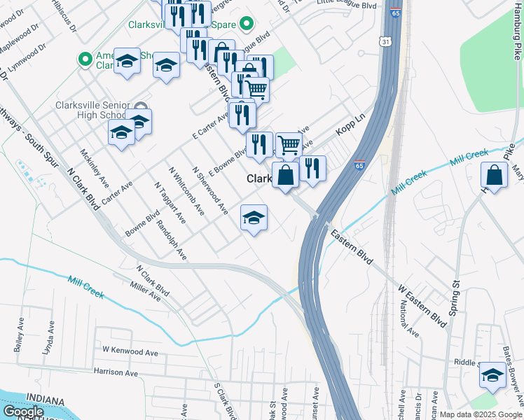 map of restaurants, bars, coffee shops, grocery stores, and more near 407 North Marshall Avenue in Clarksville
