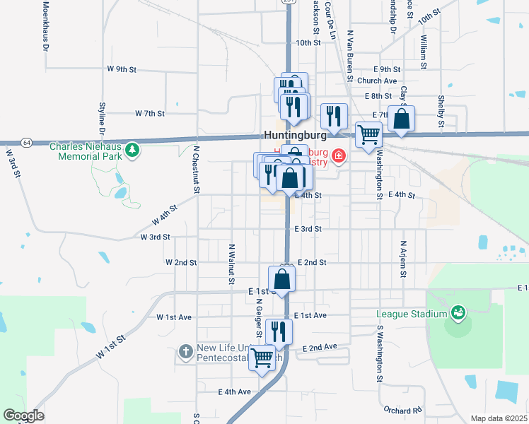 map of restaurants, bars, coffee shops, grocery stores, and more near 311 North Geiger Street in Huntingburg