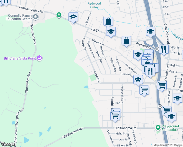 map of restaurants, bars, coffee shops, grocery stores, and more near 125 Riordan Lane in Napa