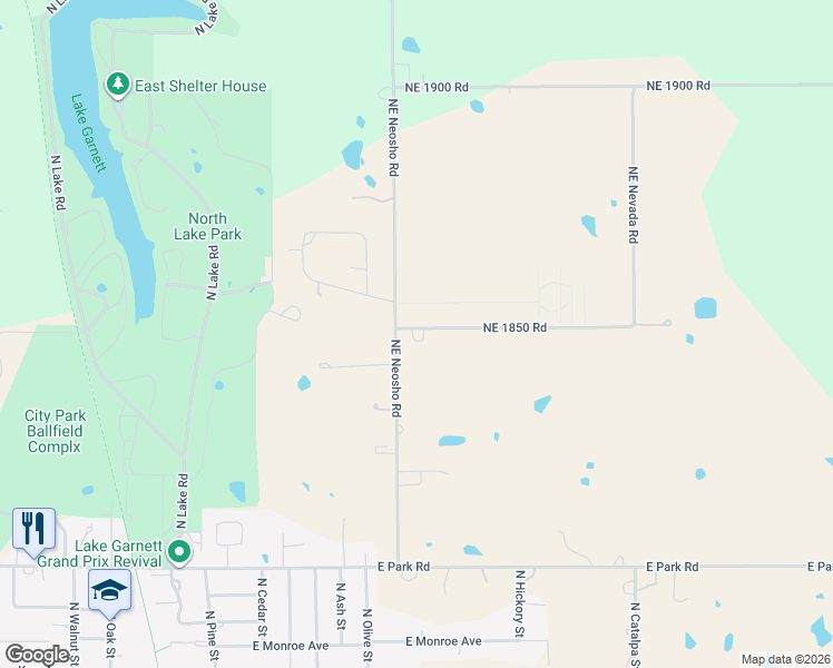 map of restaurants, bars, coffee shops, grocery stores, and more near Northeast 1850 Road in Garnett