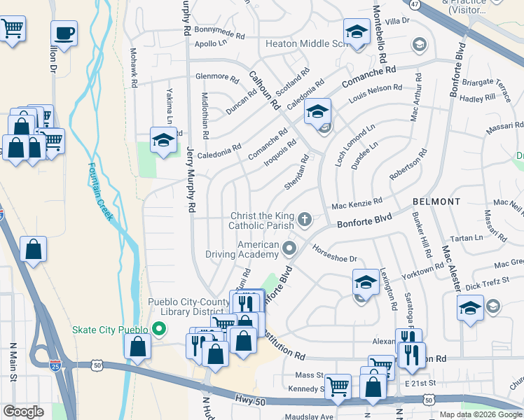 map of restaurants, bars, coffee shops, grocery stores, and more near 1702-1704 Sheridan Rd in Pueblo