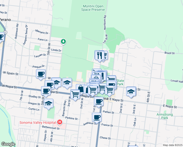 map of restaurants, bars, coffee shops, grocery stores, and more near 154 West Spain Street in Sonoma