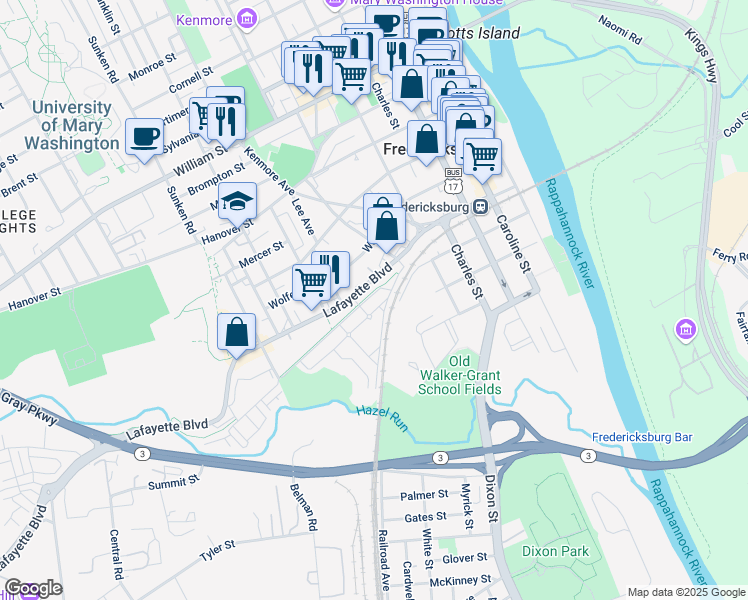 map of restaurants, bars, coffee shops, grocery stores, and more near 621 Cobblestone Boulevard in Fredericksburg