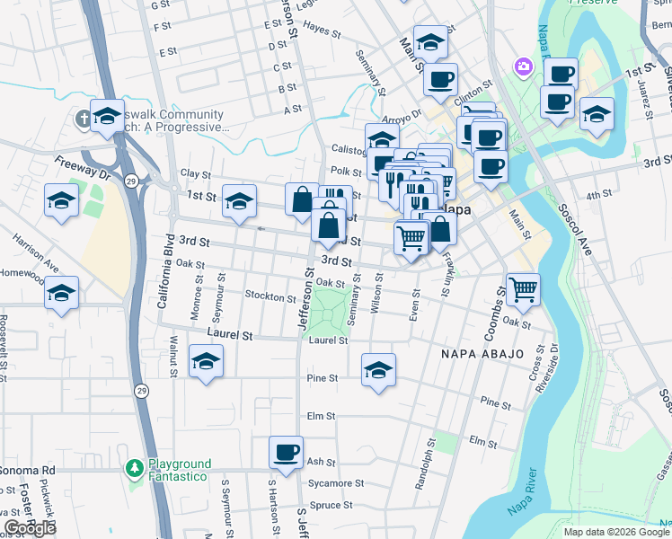 map of restaurants, bars, coffee shops, grocery stores, and more near 1730 Oak Street in Napa