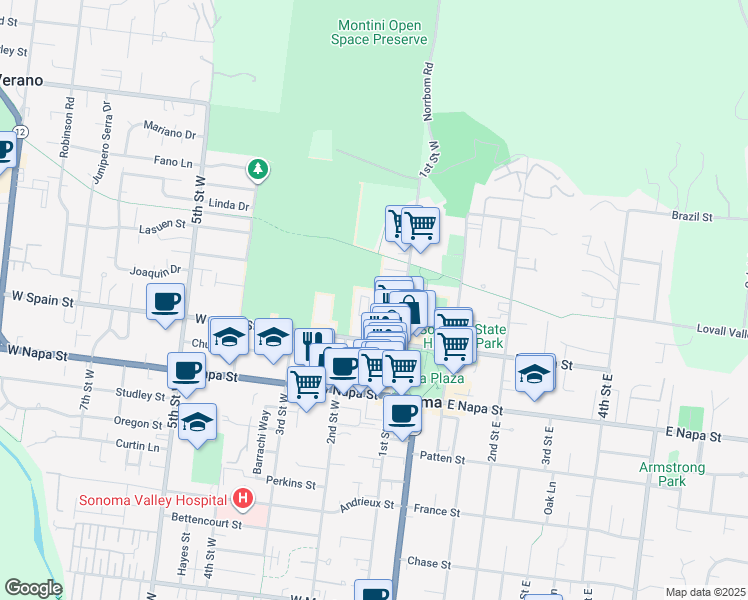 map of restaurants, bars, coffee shops, grocery stores, and more near 154 West Spain Street in Sonoma