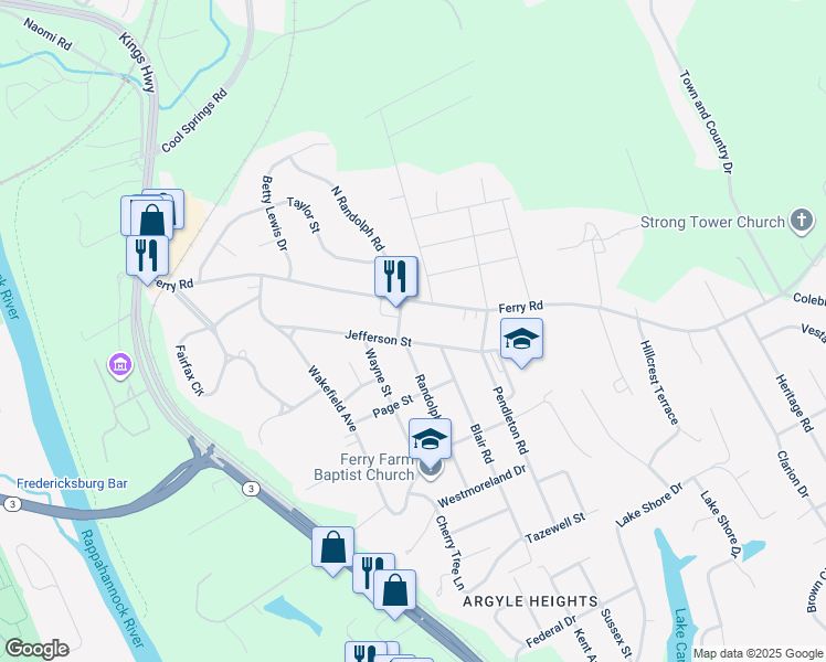 map of restaurants, bars, coffee shops, grocery stores, and more near 28 Jefferson Street in Fredericksburg