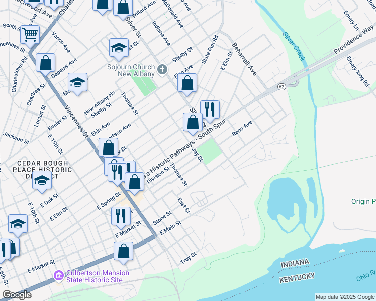map of restaurants, bars, coffee shops, grocery stores, and more near 1936 Division Street in New Albany