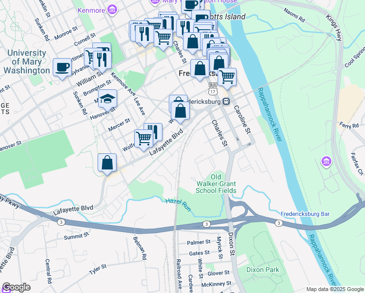 map of restaurants, bars, coffee shops, grocery stores, and more near 610 Cobblestone Boulevard in Fredericksburg