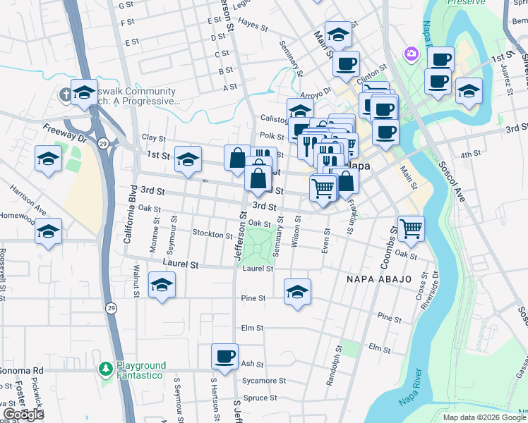 map of restaurants, bars, coffee shops, grocery stores, and more near 1730 Oak Street in Napa