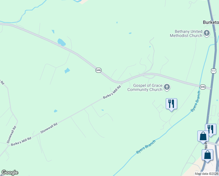 map of restaurants, bars, coffee shops, grocery stores, and more near 55 Burke's Mill Rd in Weyers Cave