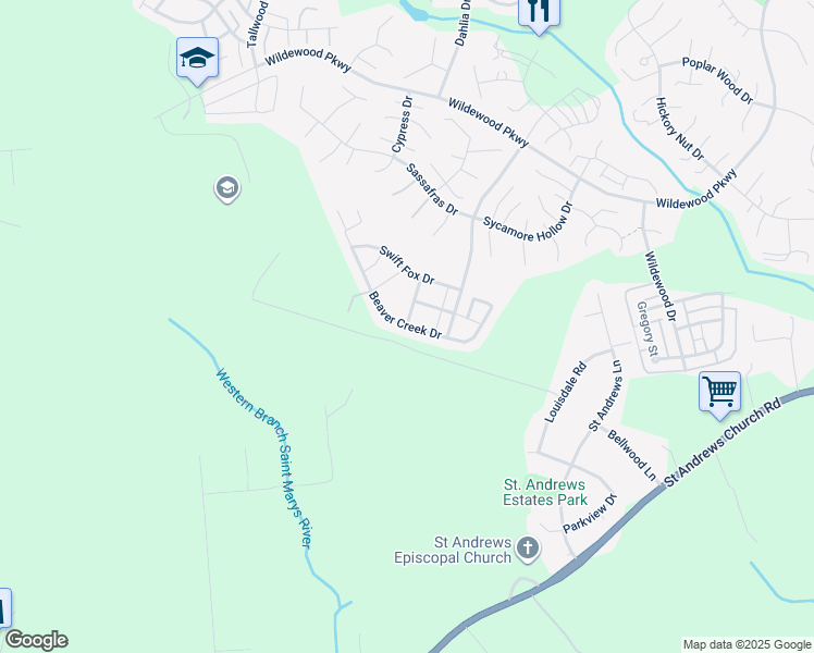 map of restaurants, bars, coffee shops, grocery stores, and more near Beaver Creek Drive in California