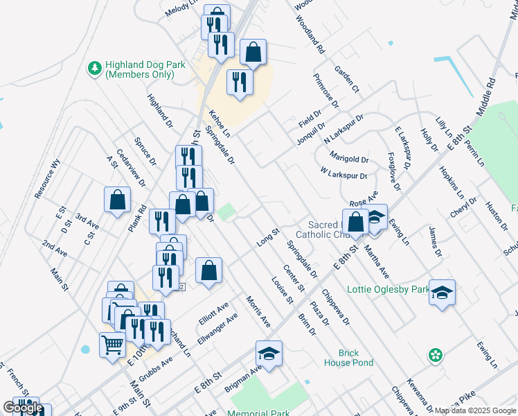 map of restaurants, bars, coffee shops, grocery stores, and more near 42 Center Street in Jeffersonville