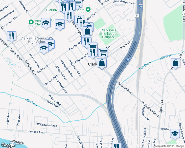 map of restaurants, bars, coffee shops, grocery stores, and more near 407 North Marshall Avenue in Clarksville