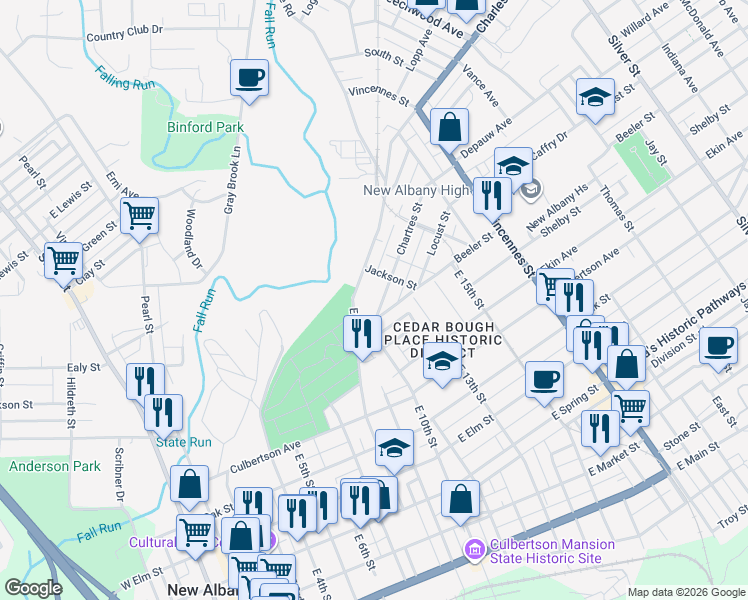 map of restaurants, bars, coffee shops, grocery stores, and more near 1119 Beeler Street in New Albany
