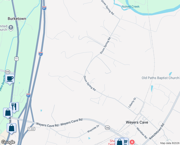 map of restaurants, bars, coffee shops, grocery stores, and more near 734 Dices Spring Road in Weyers Cave