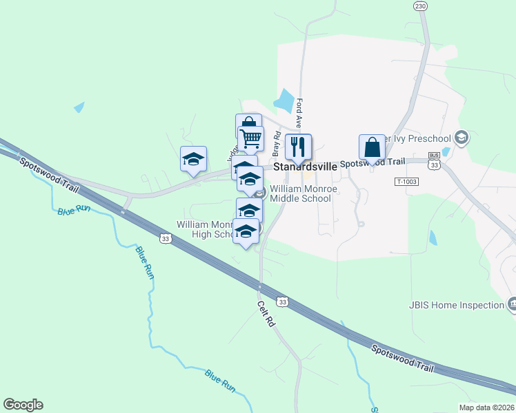 map of restaurants, bars, coffee shops, grocery stores, and more near 148 Monroe Drive in Stanardsville