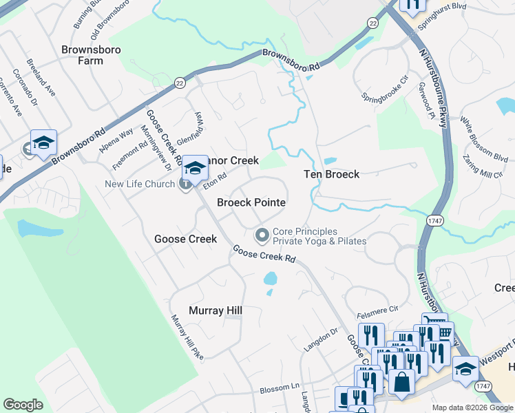 map of restaurants, bars, coffee shops, grocery stores, and more near in Broeck Pointe