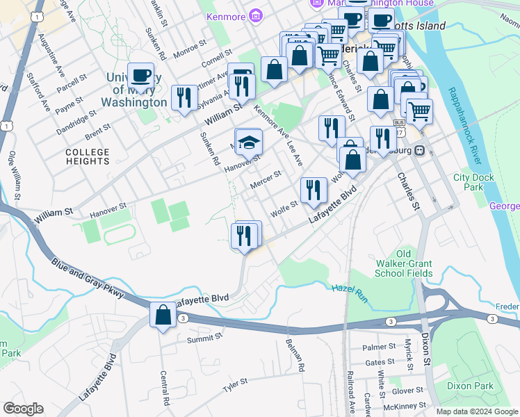 map of restaurants, bars, coffee shops, grocery stores, and more near 610 Shepherd Street in Fredericksburg