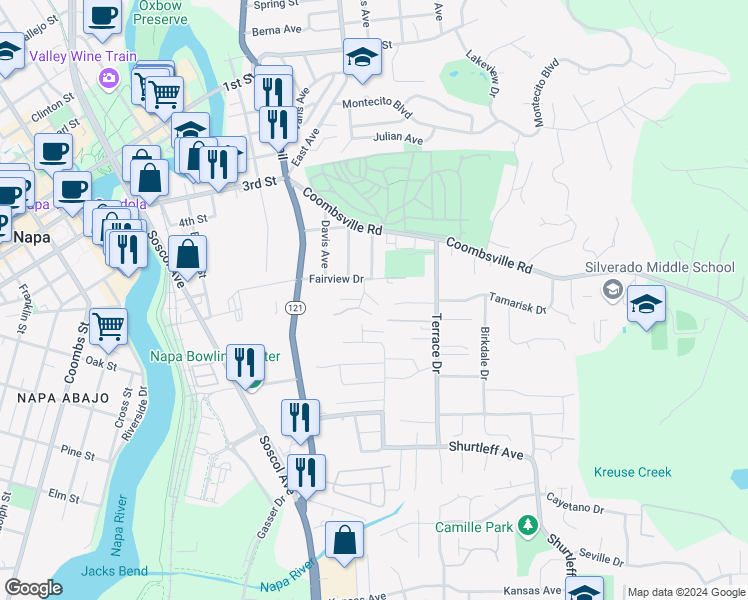 map of restaurants, bars, coffee shops, grocery stores, and more near 804 Capitola Drive in Napa