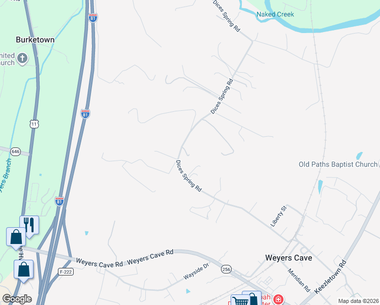 map of restaurants, bars, coffee shops, grocery stores, and more near 734 Dices Spring Road in Weyers Cave
