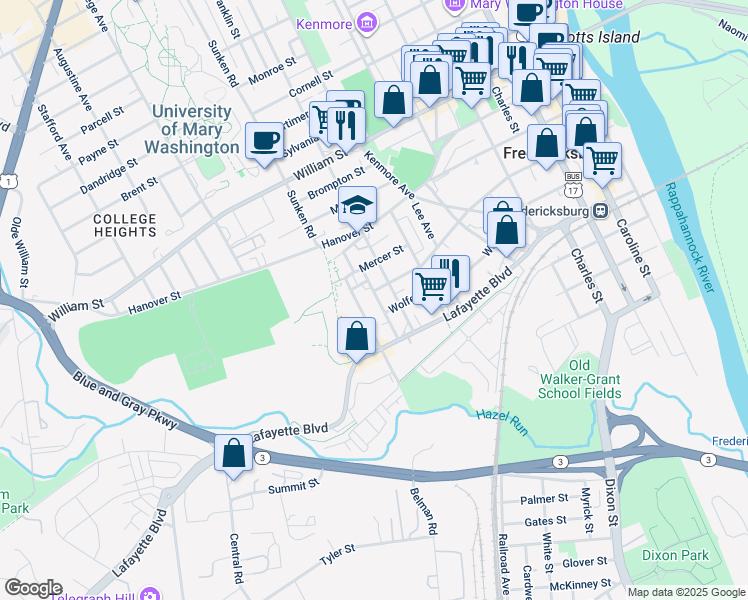 map of restaurants, bars, coffee shops, grocery stores, and more near 610 Shepherd Street in Fredericksburg