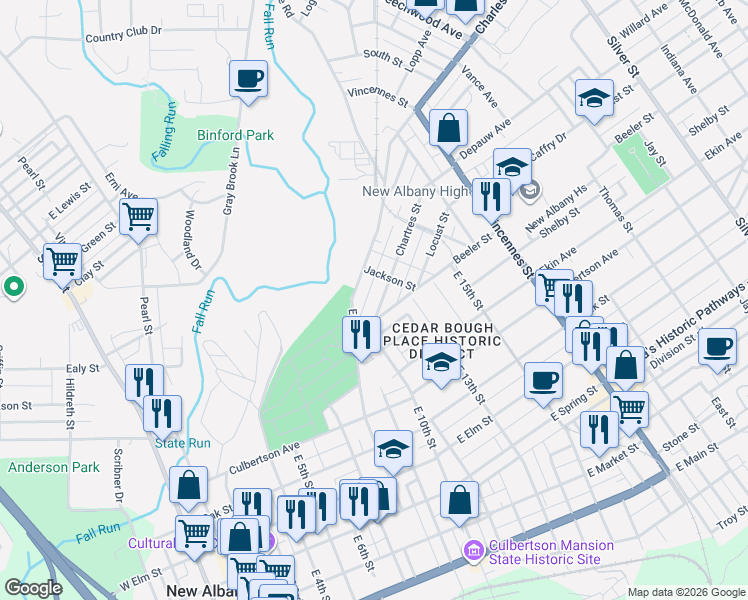 map of restaurants, bars, coffee shops, grocery stores, and more near 1119 Beeler Street in New Albany