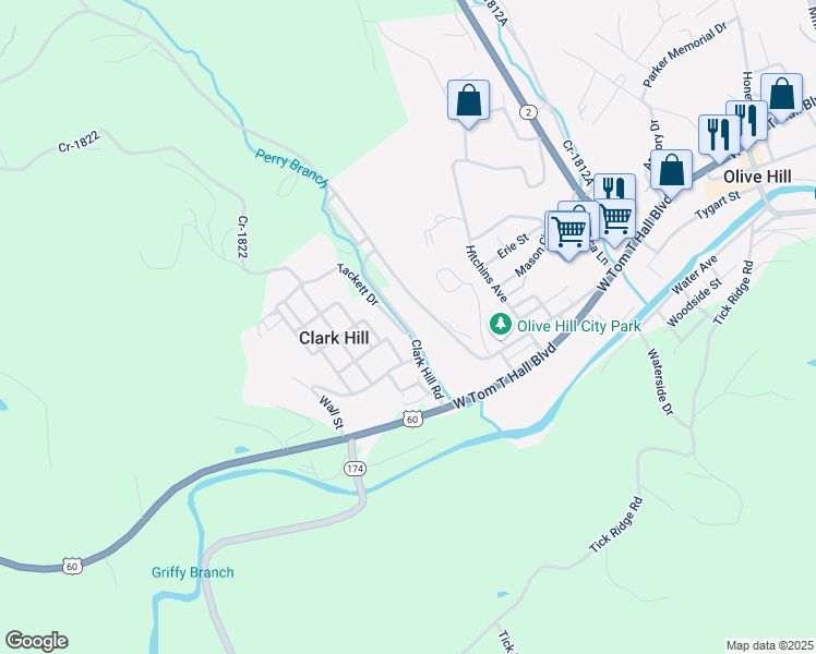 map of restaurants, bars, coffee shops, grocery stores, and more near Clark Hill Road in Olive Hill