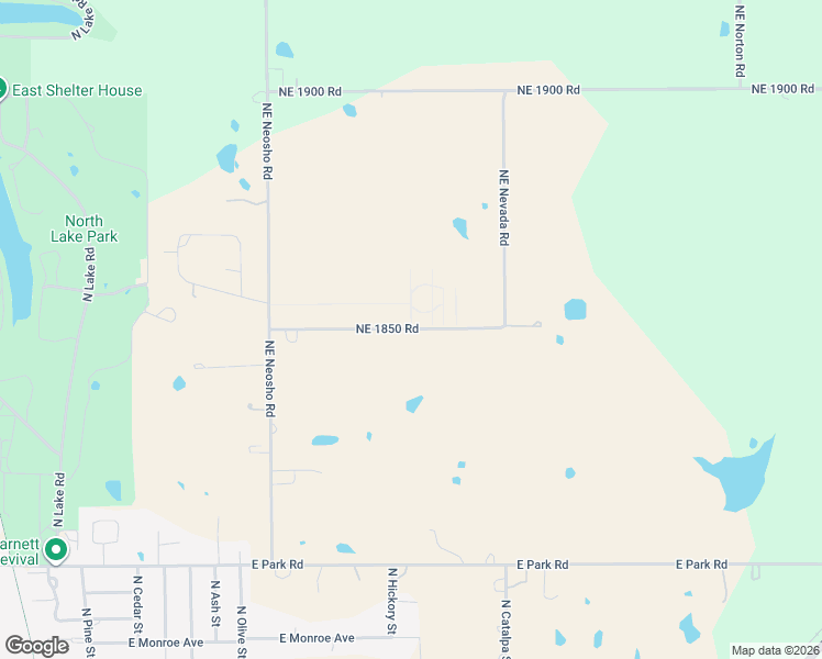 map of restaurants, bars, coffee shops, grocery stores, and more near Northeast 1850 Road in Garnett